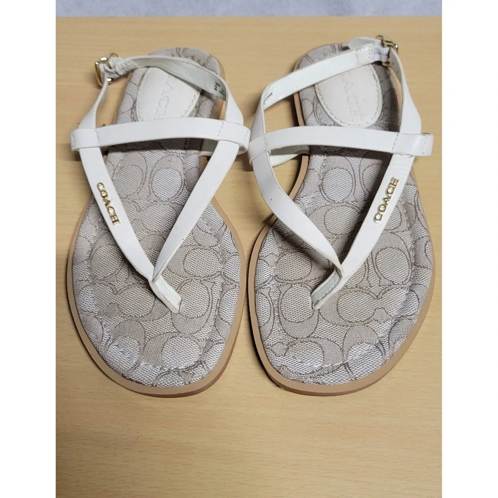 White Leather Coach Strappy Monogram Flat Thong Sandal Size 5
